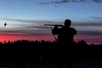 Fototapeta na wymiar Hunter With Shotgun in Sunset