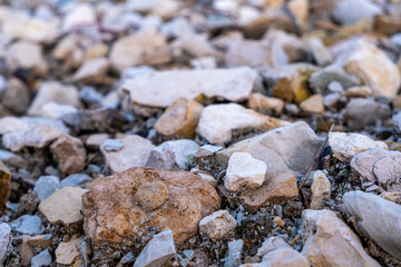 White-gray gravel and rubble close-up. Rubble stones, photos with low depth of field. High quality photo