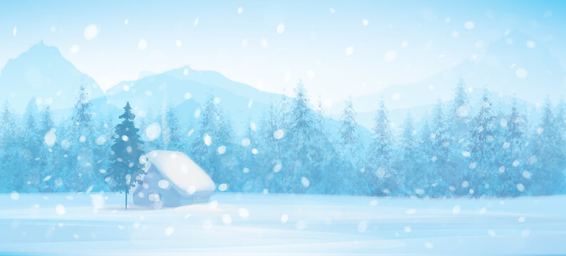 Vector winter  landscape with house in forest.