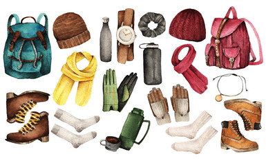 Watercolor Fashion Illustration. set of trendy accessories. Going on a hike. hat, scarf,  socks, shoes, backpack, gloves, watches, water, thermos, bracelet, scrunchie