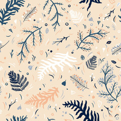 Vector floral seamless pattern with leaves, branches and other forest plants