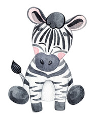 Aquarell glückliches Baby Zebra sitzt isoliert auf weißem Hintergrund für Kinder Stoff, Geburtstagskarten Design