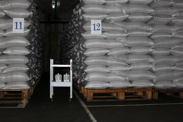 Fototapeta na wymiar Warehouse with stacked big sacks of meal