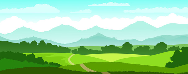 Obraz premium Hills mountain horizon. Vector illustration. The road, the village. Rural countryside. Blue sky with white clouds. View of the plain.
