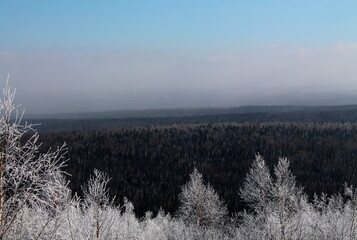 Winter. Snow. Russian winter. Cold. Frost. Blue sky. Gubakha.