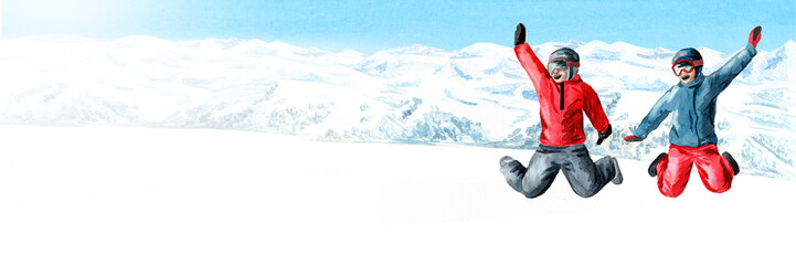 Fototapeta na wymiar Happy jumping skiers and snowboarders against a mountain landscape, winter recreation and vacation concept. Hand drawn watercolor illustration and panoramic background with copy space