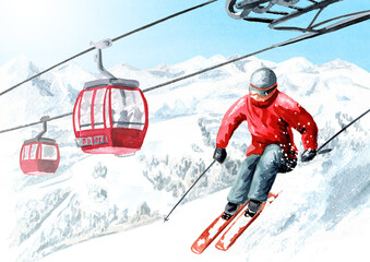 Fototapeta na wymiar Skier against funicular in the ski mountain resort, winter recreation and vacation concept. Hand drawn watercolor illustration