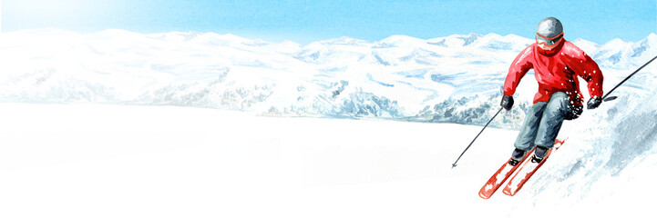 Skier in the ski mountain resort, winter recreation and vacation concept. Hand drawn watercolor illustration and panoramic background with copy space - obrazy, fototapety, plakaty