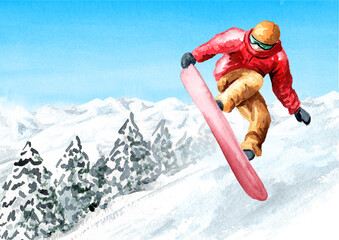 Young snowboarder jumps with a snowboard from a snowy mountain in the ski mountain resort, winter recreation and vacation concept, Hand drawn watercolor illustration and background with copy space