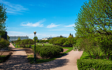 Gardens and parks of St. Petersburg on a summer sunny day.