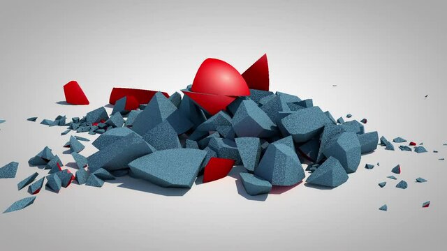 A red ball falls on a white floor and collapses into pieces. 3d animation