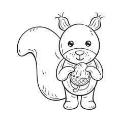 Black and white illustration of a funny cartoon squirrel  with acorn