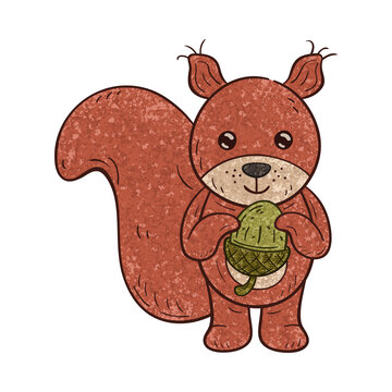 recommend clip art: Outlined textured illustration of a  funny cartoon squirrel  with acorn. On white backgroud