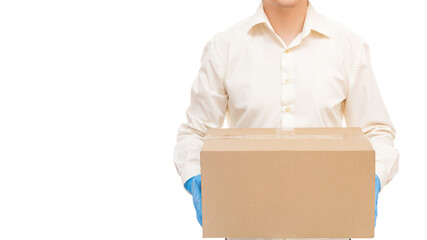 deliveryman hands in sterile gloves of courier for safe delivery parcel in un label eco cardboard box during quarantine of pandemic social distance isolated on white background mockup with copy space.