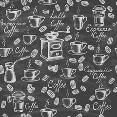 Vintage coffee collection on blackboard. Sketches of hand-drawn coffee. Seamless pattern. Vector illustration.