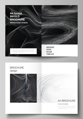 The vector layout of two A4 format modern cover mockups design templates for bifold brochure, magazine, flyer, booklet, annual report. Smooth smoke wave, hi-tech concept black color techno background.