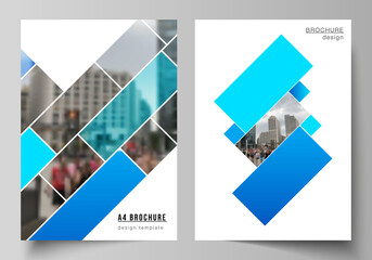The vector layout of A4 format modern cover mockups design templates for brochure, magazine, flyer, booklet, annual report. Abstract geometric pattern creative modern blue background with rectangles.