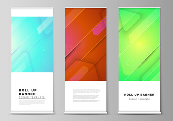 Fototapeta premium The vector illustration layout of roll up banner stands, vertical flyers, flags design business templates. Futuristic technology design, colorful backgrounds with fluid gradient shapes composition.
