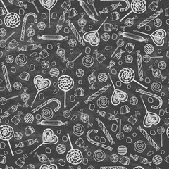 Doodle style hard candy set sketch. Includes lollipops, wrapped candy, butterscotch, candy corn, gum drops, and jelly beans on the blackboard. Seamless pattern. Vector illustration.