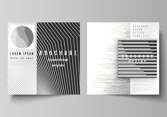 The minimal vector layout of two square format covers design templates for brochure, flyer, magazine. Geometric abstract background, futuristic science and technology concept for minimalistic design.