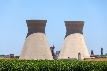 Iconic twin Cooling towers of Haifa oil refinery, Aerial view.