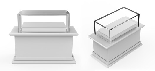 Empty glass showcase on pedestal mock up template. 3d illustarion