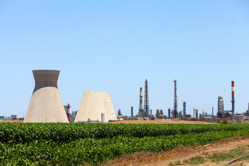 Collapsed Cooling tower, one of two Iconic Cooling towers of Haifa oil refinery, Aerial view.