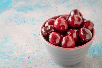 closeup fresh ripe cherry fruits in a bowl