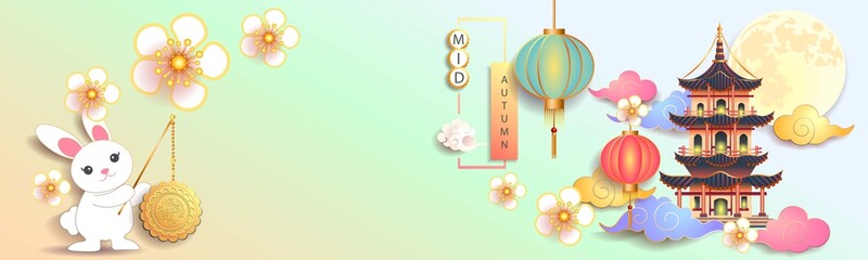 Mid autumn festival / Chinese festival with the moon, moon cake, rabbit, pagoda, cloud, lantern and flowers on color paper. Vector illustration © Pawan