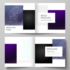 Fototapeta na wymiar Vector layout of two covers templates for square design bifold brochure, flyer. Digital technology and big data concept with hexagons, connecting dots and lines, polygonal science medical background.