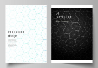 Vector layout of A4 format cover mockups design templates for brochure, flyer. Digital technology and big data concept with hexagons, connecting dots and lines, polygonal science medical background.