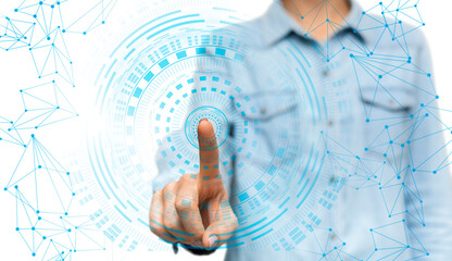 Woman Pushing Button On Virtual Panel Over White Background, Cropped