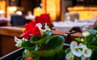 Typical view of the Alpine town. Street decorated with flowers with blured tables and chairs of cafe on the background. Architecture and landmark. View of old cozy street in alpine village.