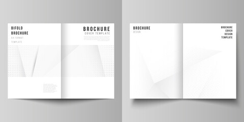Fototapeta premium Vector layout of two A4 cover mockups design templates for bifold brochure, flyer, cover design, book design, brochure cover. Halftone effect decoration with dots. Dotted pop art pattern decoration.