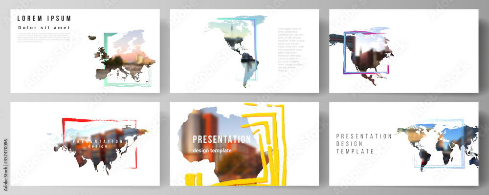 Poster Vector layout of the presentation slides design business templates, multipurpose template for presentation brochure. Design template in the form of world maps and colored frames, insert your photo.