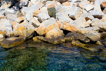Close up view of rocks and crystal clear turquoise water in Bodr