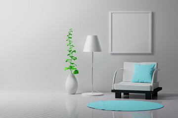 Indoor room interior with blank square frame sitting comfortable chair, lamp, vase with plant and white wall