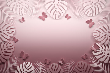 Pink tropical template greeting card background with Monstera leaves and butterflies