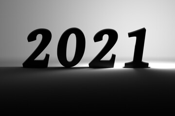 Simple black and white New Year greeting card with large 2021 numbers illuminated by back light
