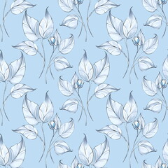 Blue seamless pattern of leaves. Hand drawn background