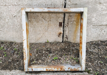 An old, rusty metal frame stands near the wall, discarded and unnecessary rubbish, scrap. Photography, concept.