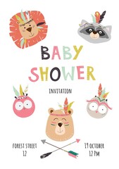 Baby shower invitation with cute animals bear, raccoon, owl, lion. Vector illustration for children with hand drawn decorative text