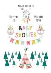 Baby shower invitation with cute owl birds. Vector illustration for children with hand drawn decorative text