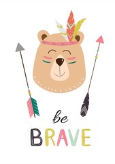 Cute indian bear, tribal animal with headband and feathers. Vector illustration for print, fabric design, cards, invitations.