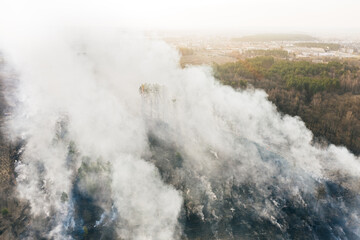 Aerial View. Dry Grass Burns During Drought And Hot Weather. Bush Fire And Smoke In Meadow Field. Wild Open Fire Destroys Grass. Nature In Danger. Ecological Problem Air Pollution. Natural Disaster