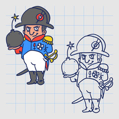 Napoleon Bonaparte holding bomb and smiling. Hand drawn character