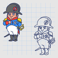 Napoleon Bonaparte holds his hand in jacket. Hand drawn character