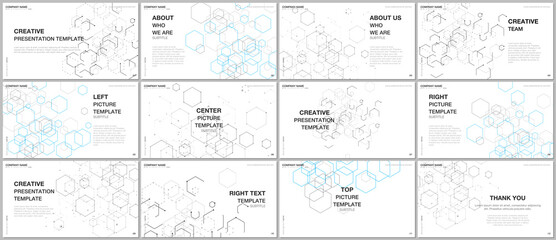 Presentation design vector templates, multipurpose template for presentation slide, flyer, brochure cover design. Hexagonal molecule structure for medical, technology, chemistry, science concepts.