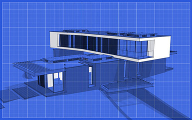 Plakat 3d rendering of modern cozy house on the hill with garage and pool for sale or rent. Black line sketch with soft light shadows and white spot on blueprint background.