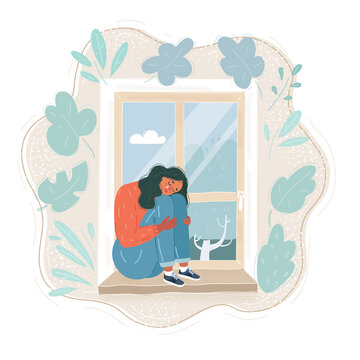recommend clip art: Vector illustration of Cute young woman sitting at window windowsill.